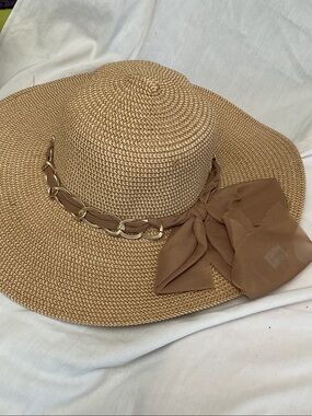 Woven Straw Sun Hat with Brown Ribbon and Gold Chain